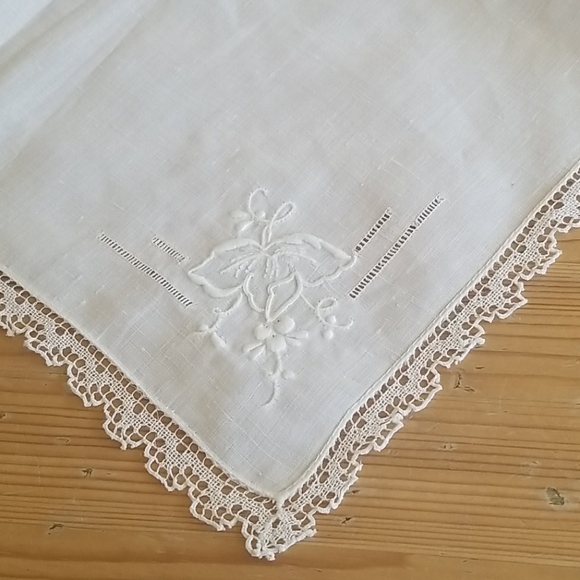 12 white hand embroidered linen crocheted edging